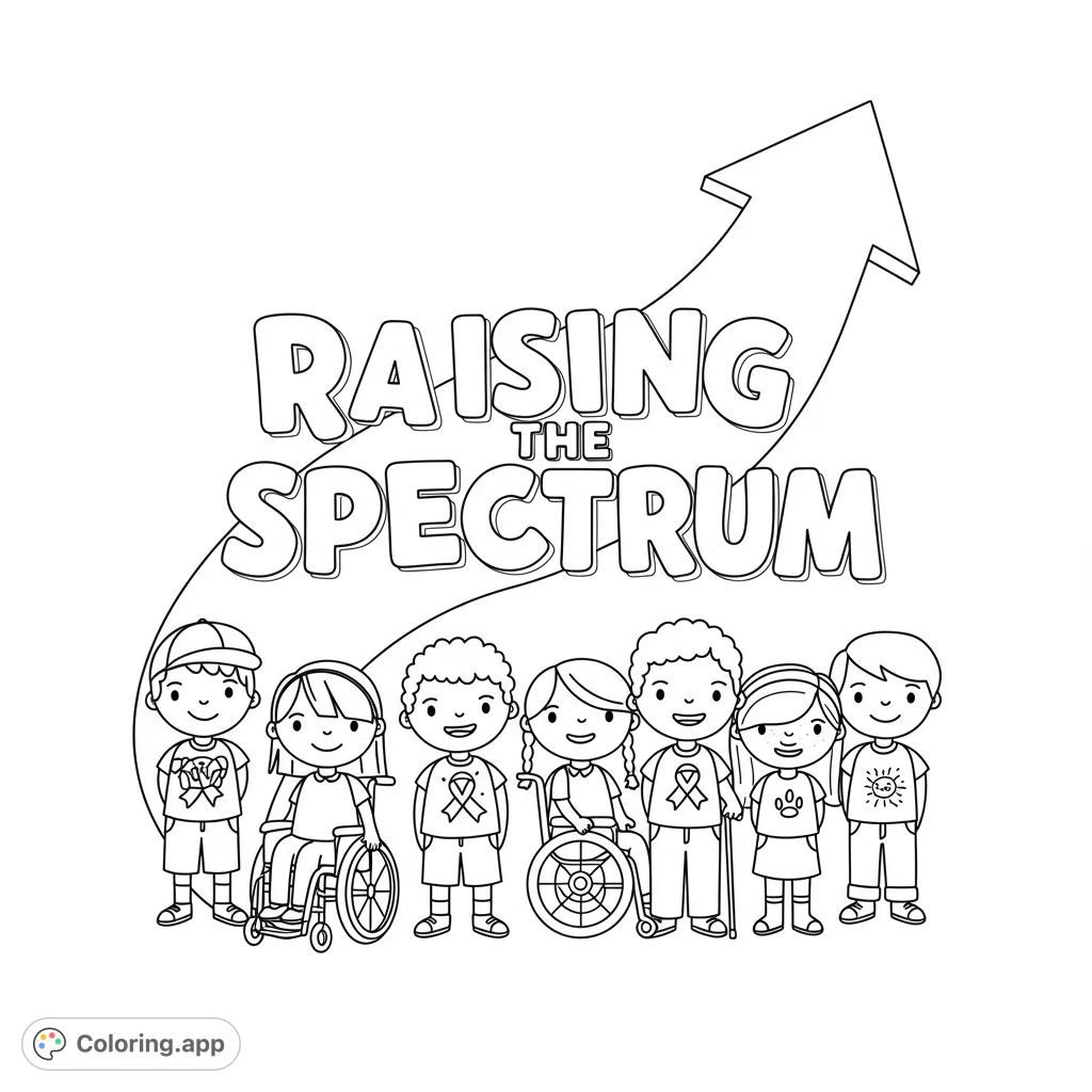 A heartwarming diversity coloring page featuring a group of smiling children, including those in wheelchairs, standing together under a large upward arrow.