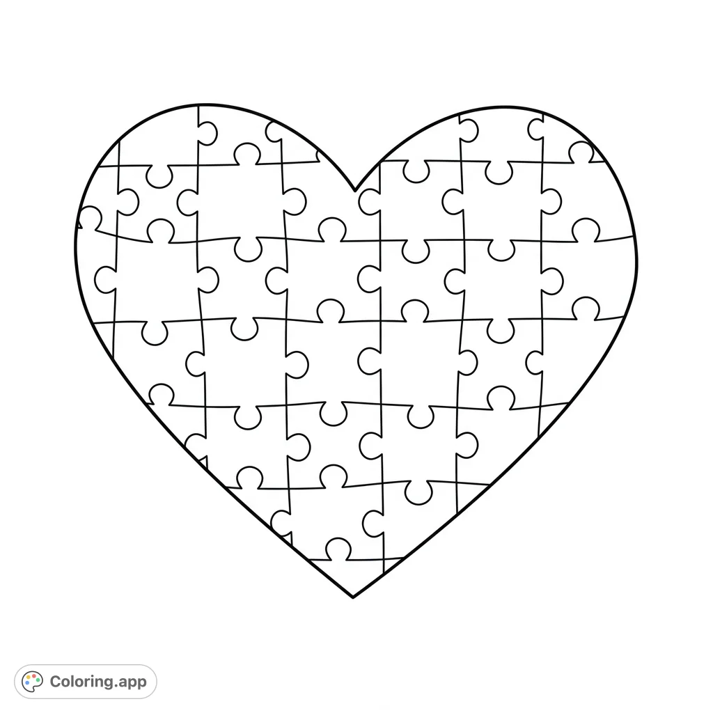 A charming heart shape formed entirely by interlocking puzzle pieces, offering a delightful and meditative coloring experience for all ages.