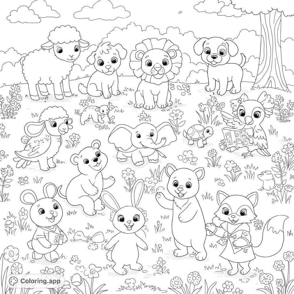 A delightful free printable animal gathering coloring page featuring cute sheep, lion, elephant, rabbits, and more in a charming meadow scene for kids and adults.