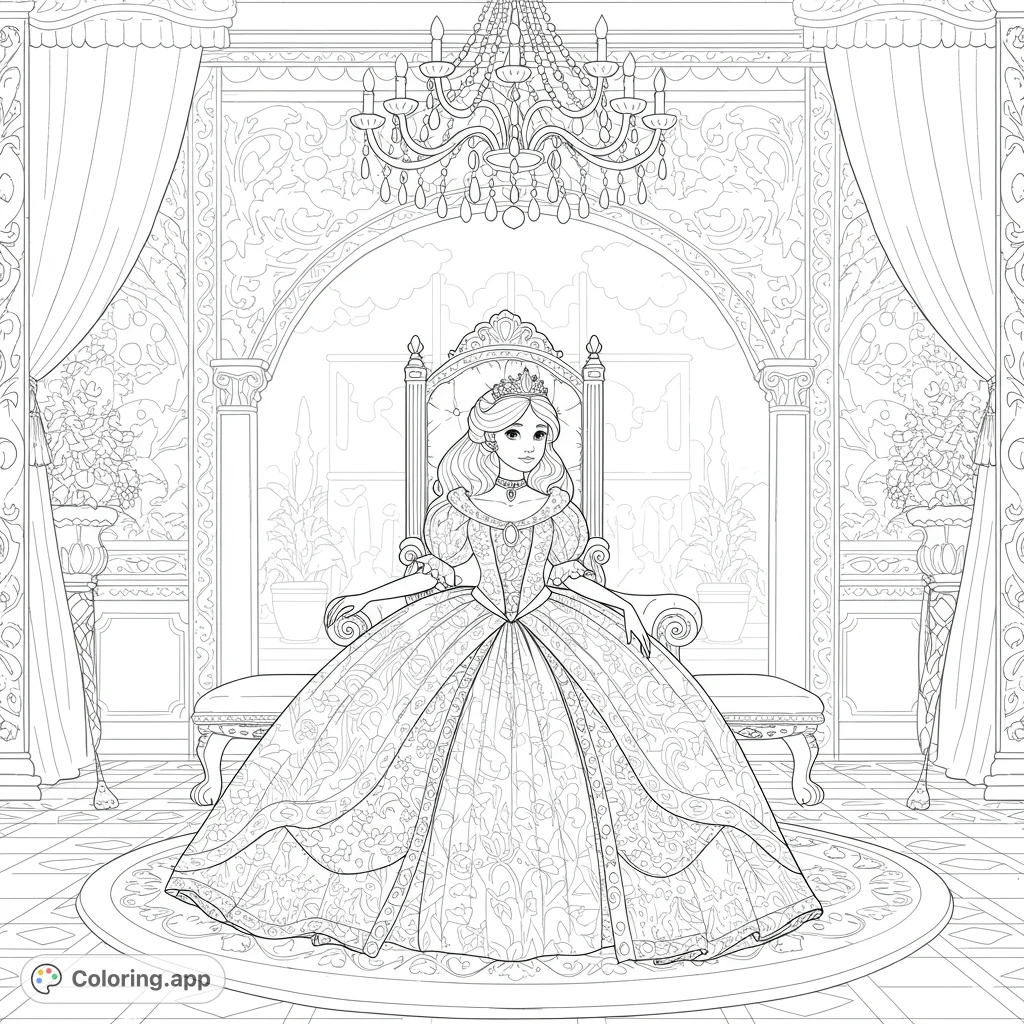 A majestic princess in an elaborate gown sits on an ornate throne in a grand hall, surrounded by intricate patterns and a dazzling chandelier.