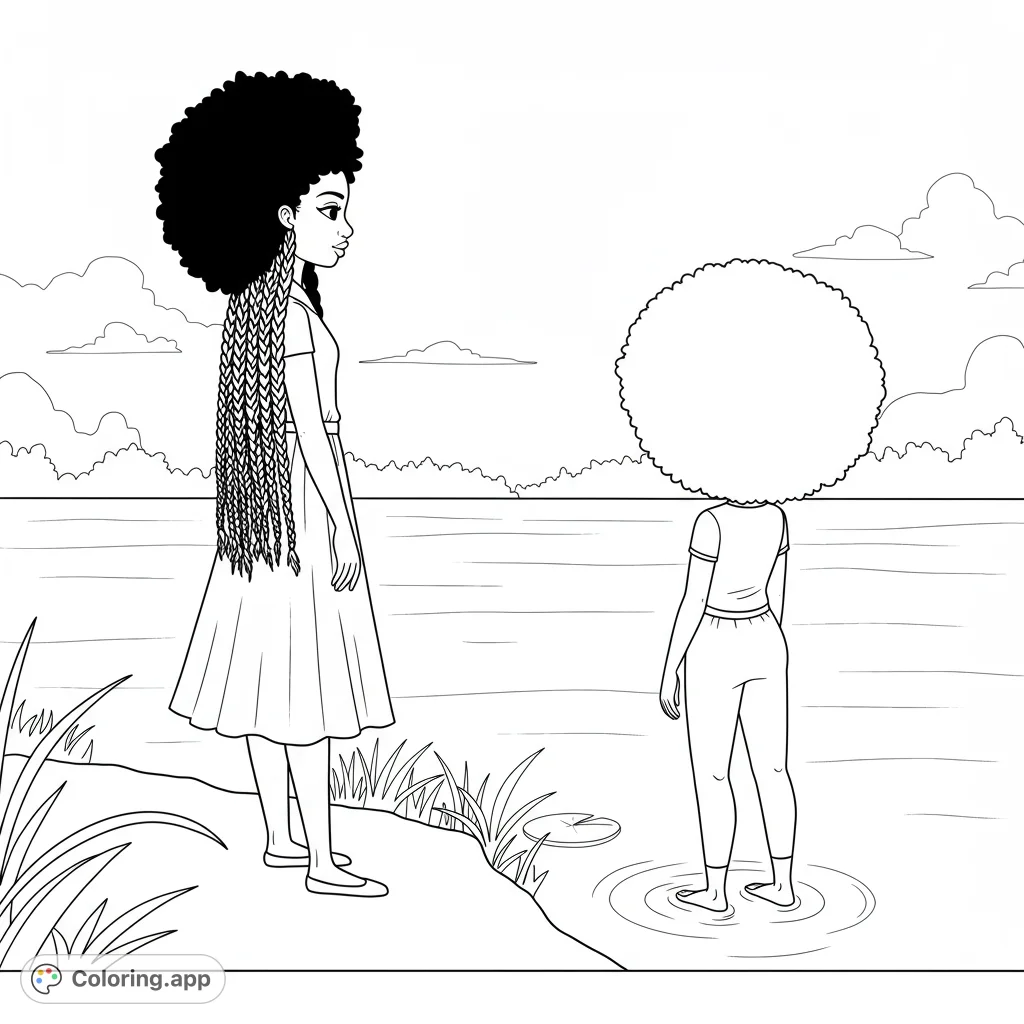 Two figures, an adult and a child, stand by a serene lake, enjoying nature. A beautiful, free printable family bonding coloring page for all ages.