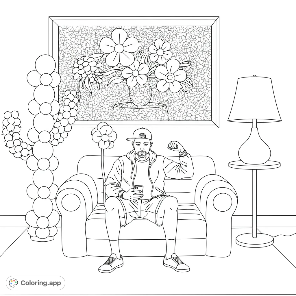 A cool guy relaxes on a couch, flexing, surrounded by a floral picture, balloon cactus, and lamp. A fun, modern scene ready for your vibrant colors!