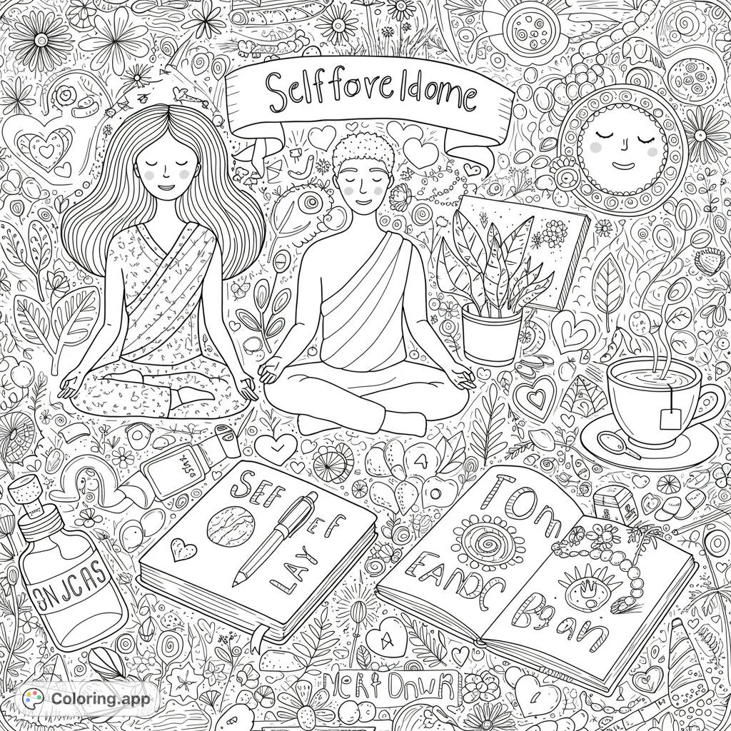 Discover a serene mindfulness coloring page featuring meditating figures amidst intricate doodles of flowers, hearts, and self-care elements. Free printable.