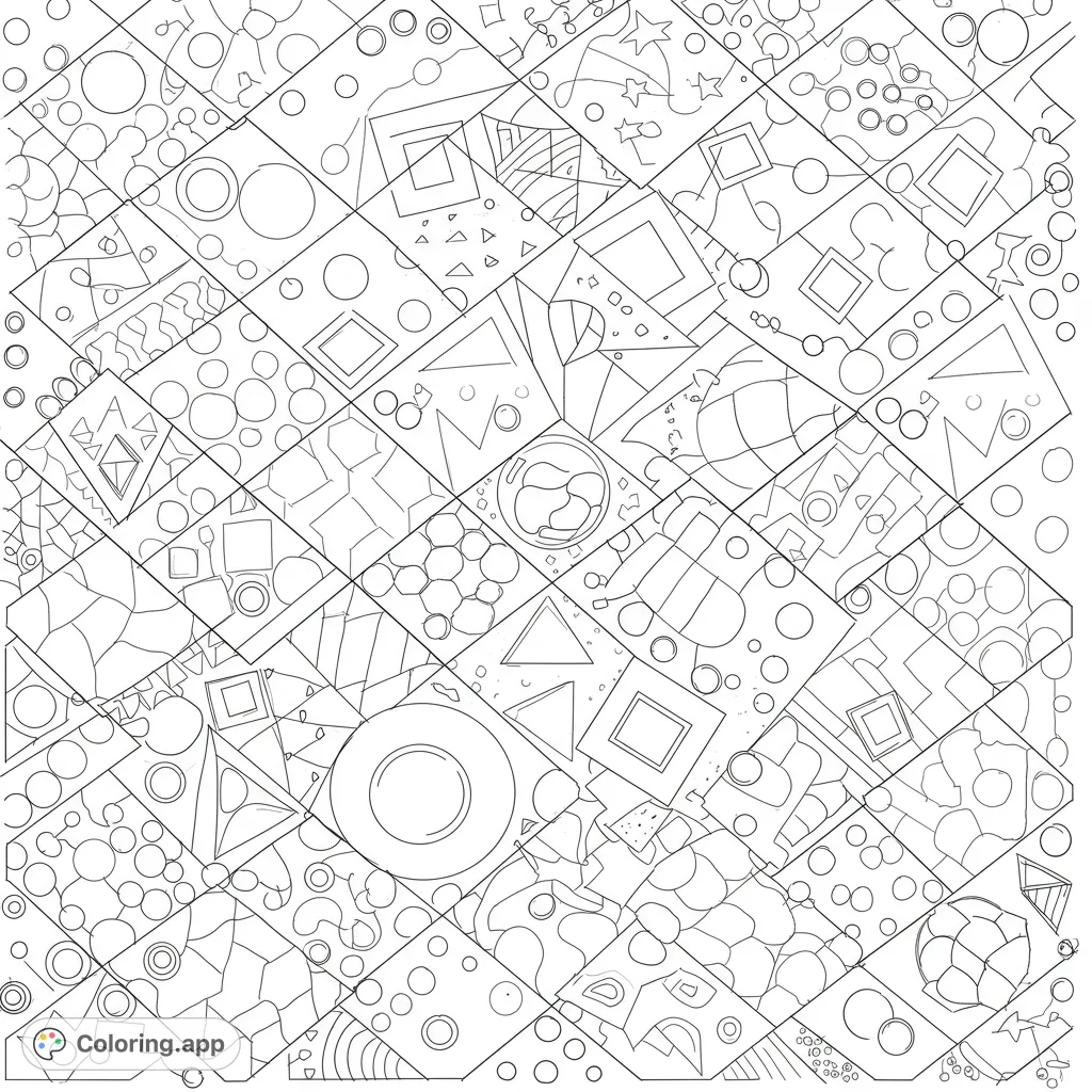 An intricate abstract geometric patterns coloring page featuring a mosaic of diamond shapes filled with diverse designs. A free printable coloring page for all ages.