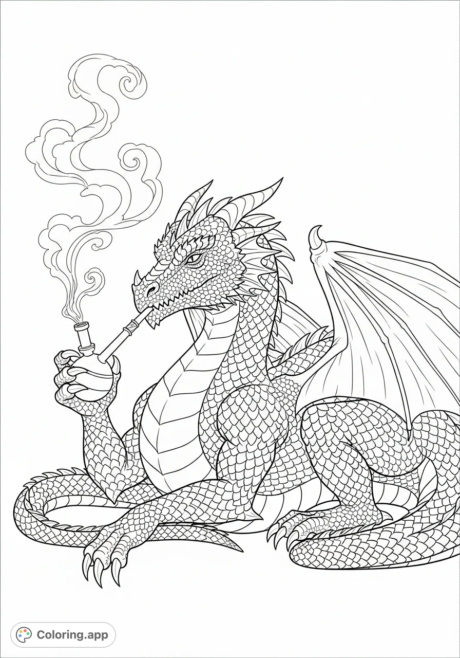A magnificent dragon enjoying a moment of relaxation with a unique water pipe. Intricate scales and swirling vapor provide a rich canvas for adult colorists.