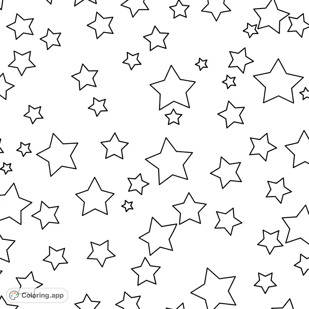 A delightful free printable star coloring page featuring a whimsical pattern of scattered stars in various sizes, perfect for all ages.