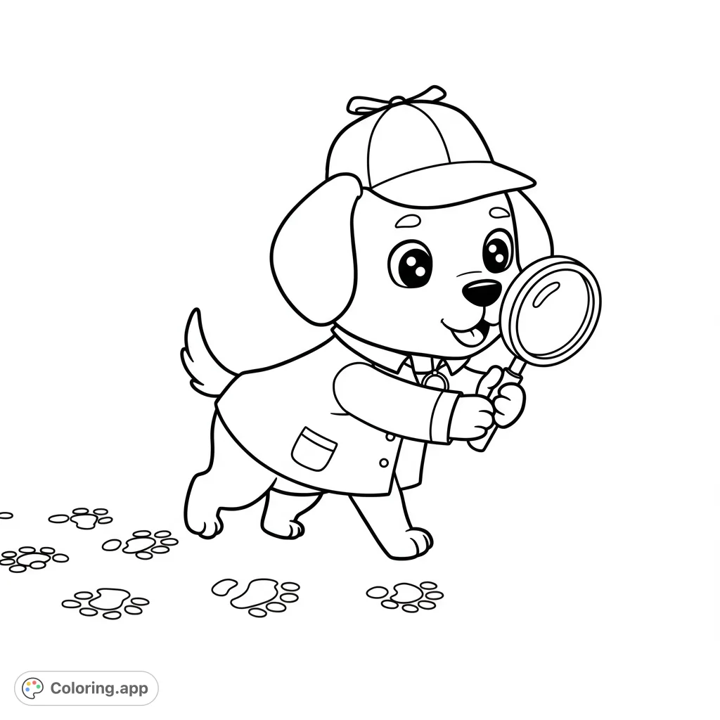 A cute detective puppy with a magnifying glass follows paw prints. A fun, free printable detective puppy coloring page for kids and adults.