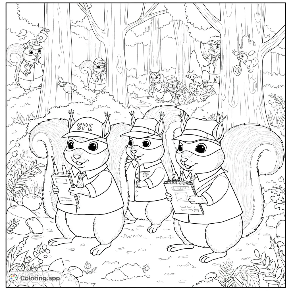 An adventurous woodland squirrel detective team explores a forest, ready for coloring fun. A free printable forest squirrel coloring page for all ages.