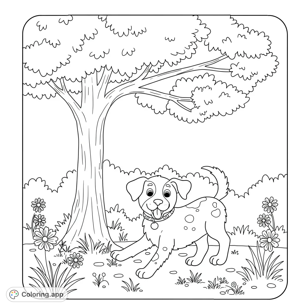 A delightful dog coloring page featuring a happy, spotted puppy playing under a large tree, surrounded by charming flowers and grass. Perfect for all ages!