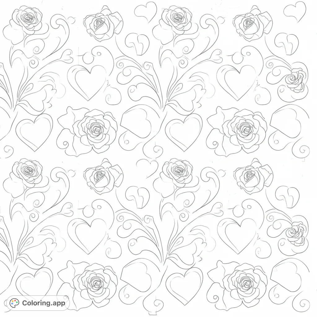 Elegant repeating pattern of blooming roses, graceful hearts, and swirling vines. A beautiful floral design perfect for romantic coloring.