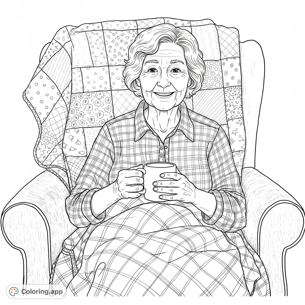 A heartwarming cozy grandma coloring page, featuring a smiling elderly woman in an armchair with a mug, covered by a plaid blanket and patchwork quilt.