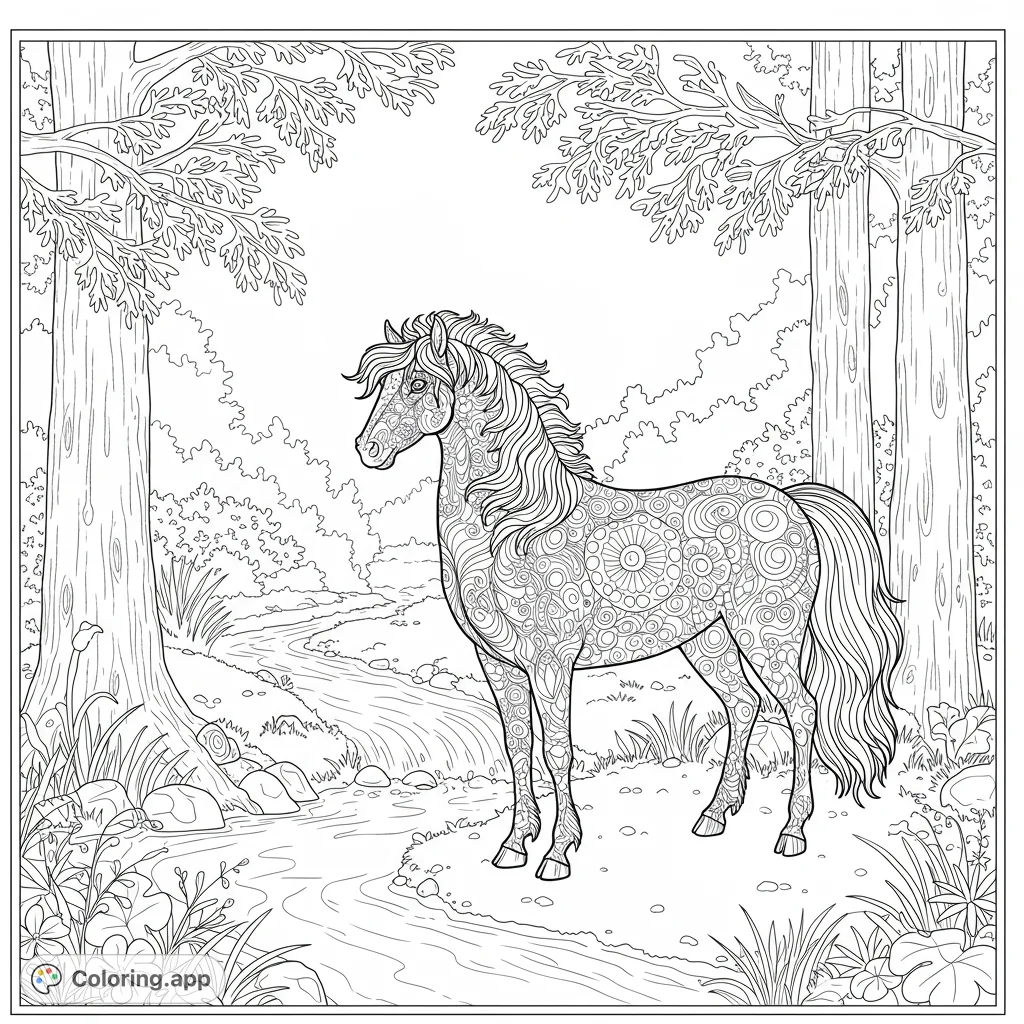 An enchanting patterned horse stands by a winding stream in a lush forest. Perfect for nature and animal lovers seeking a detailed coloring challenge.