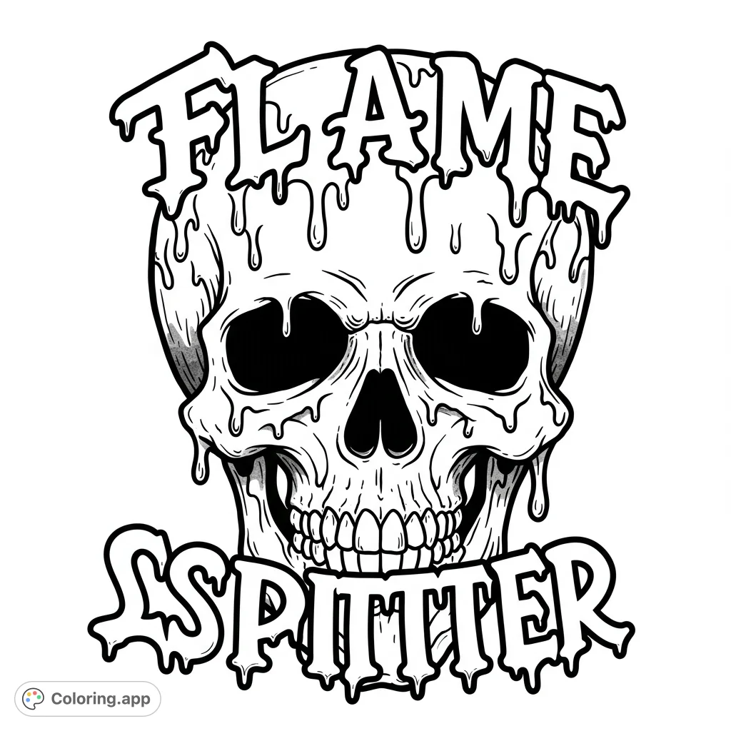 A bold, stylized skull with unique dripping elements above and below, perfect for a striking and edgy coloring page.