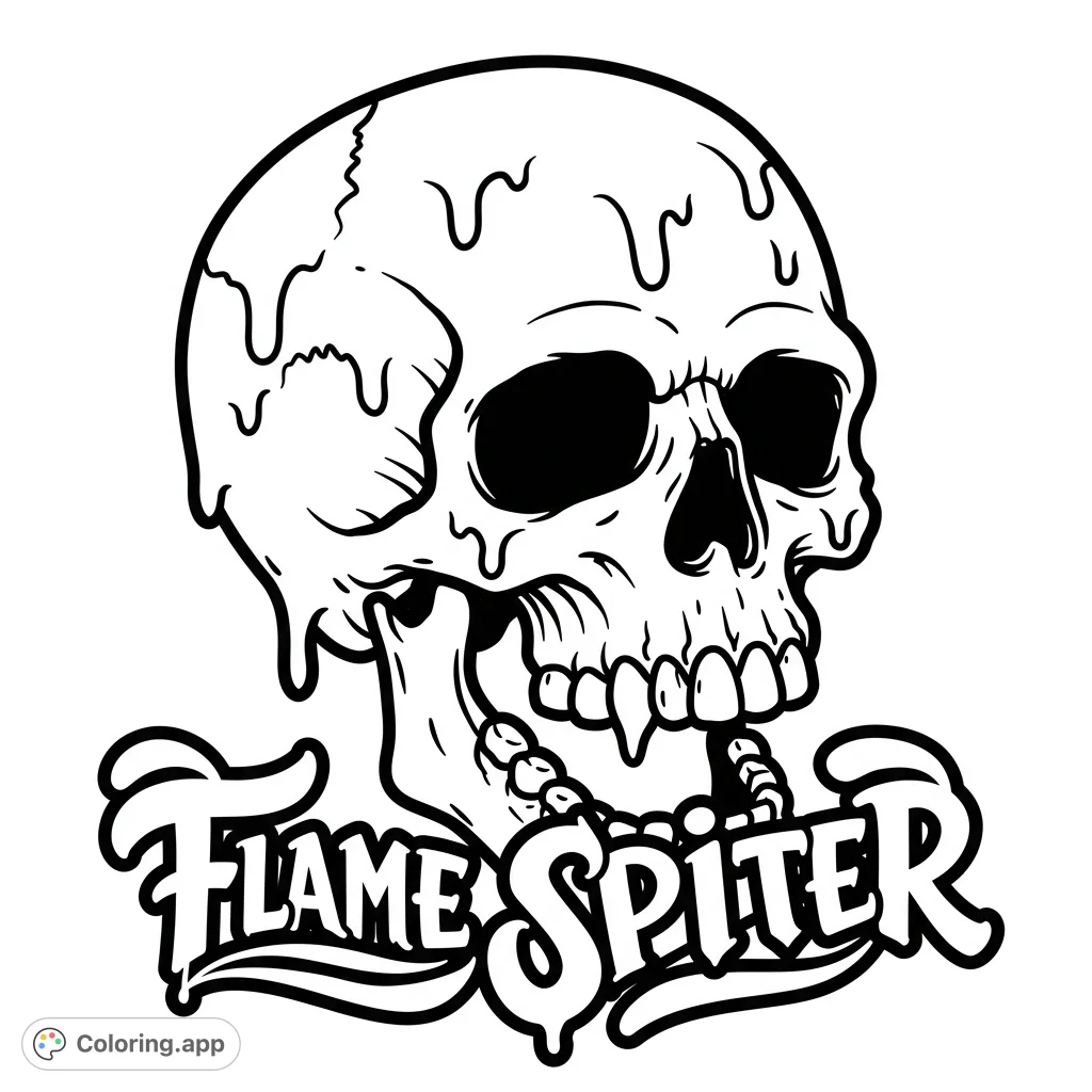 A bold, stylized skull coloring page with melting details and a unique jaw chain. Perfect for gothic, edgy, or Halloween-themed coloring fun.