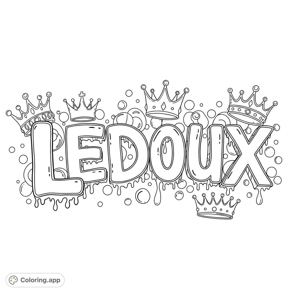 A cool graffiti-style LEDOUX coloring page featuring bubble letters with drips, surrounded by ornate crowns and playful bubbles. Perfect for personalized art.