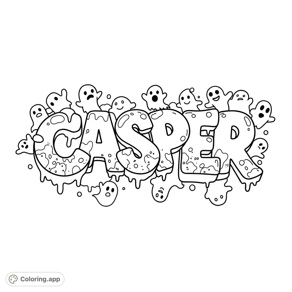 A fun Casper lettering Halloween coloring page with bubbly, dripping letters and cute, expressive ghosts. A free printable coloring page for kids and adults.