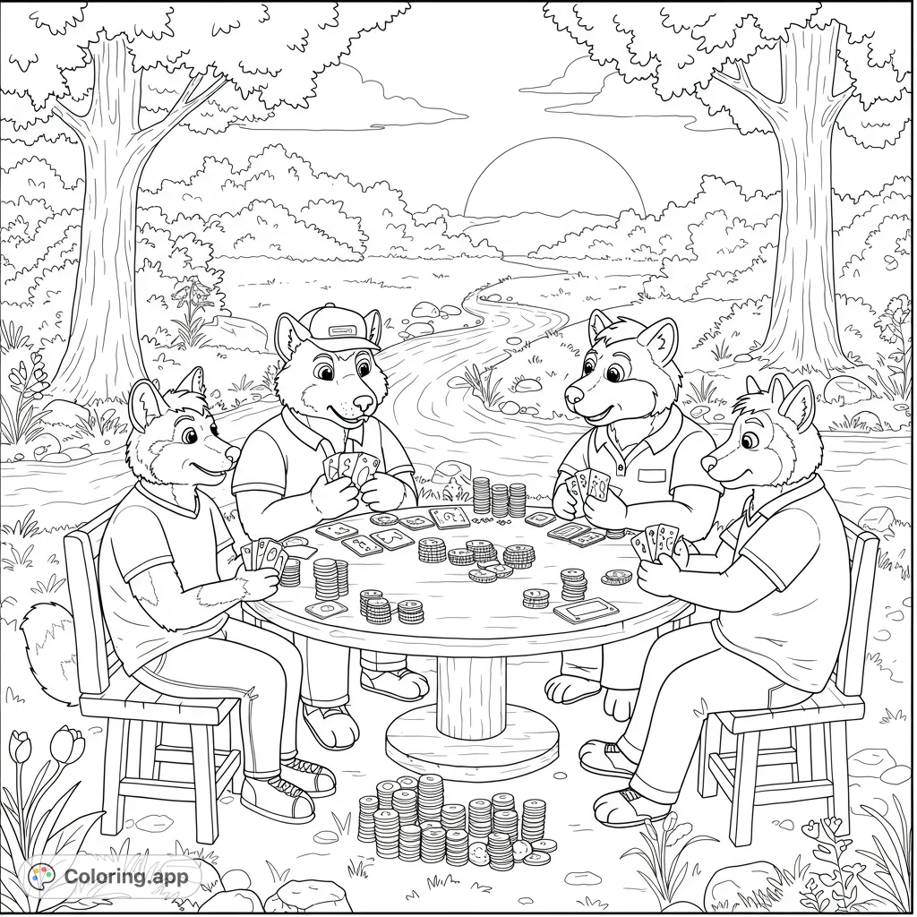 Four friendly wolf characters play cards outdoors amidst trees and a winding path. A fun, detailed animal poker coloring page for all ages.