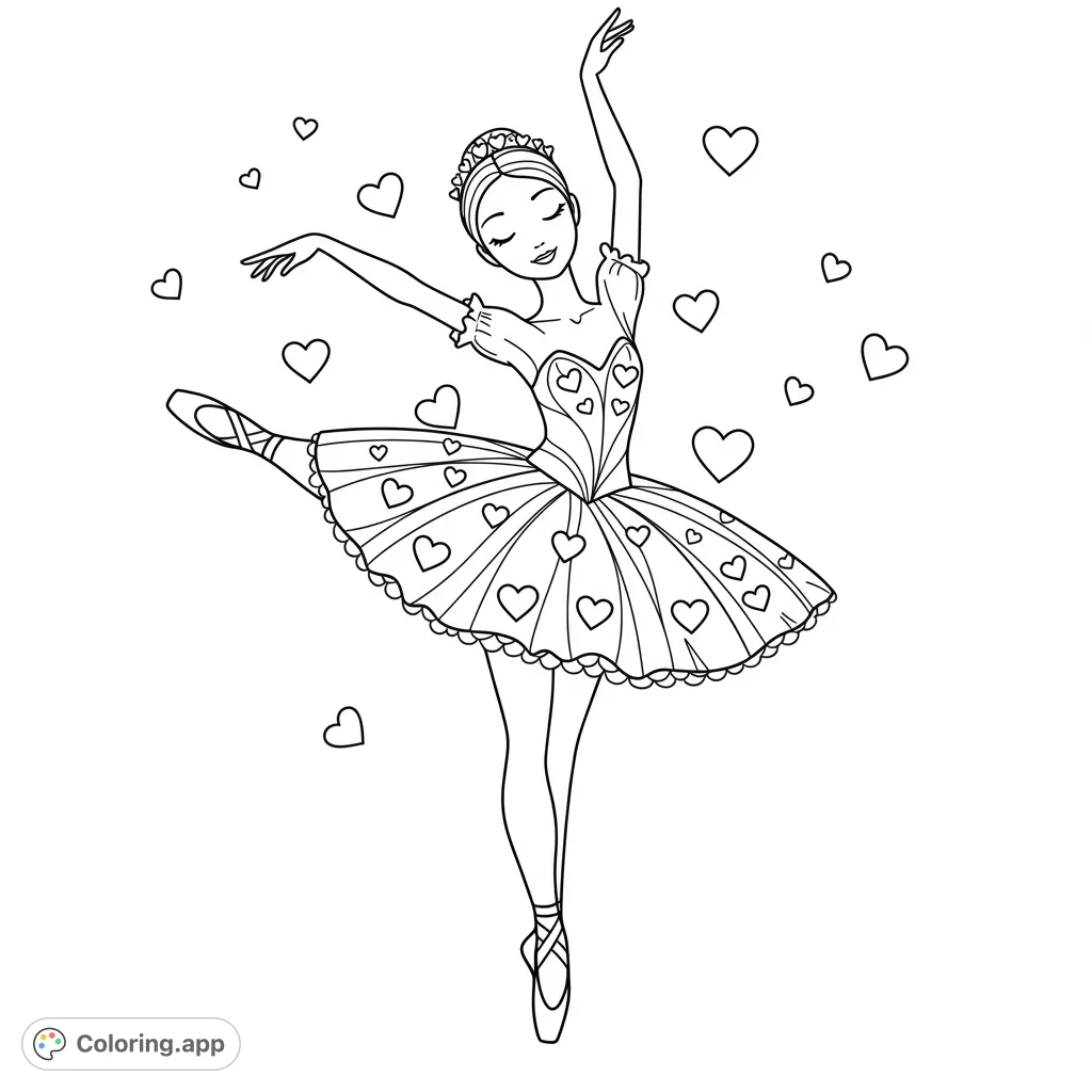 A beautiful ballerina in a graceful pose, adorned with hearts on her tutu and surrounded by floating hearts. A charming and elegant free printable coloring page.