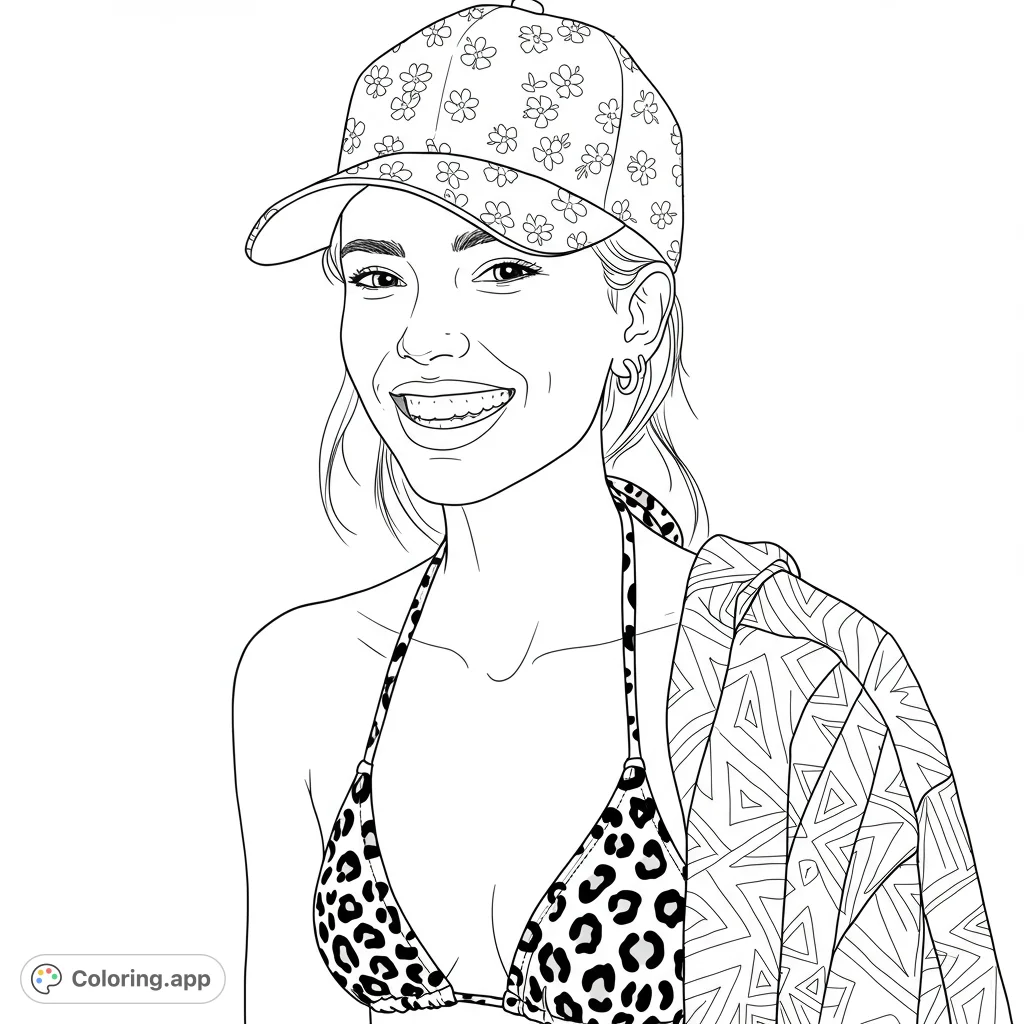 A joyful woman in a floral cap and leopard print bikini, with a patterned cover-up. A free printable summer fashion coloring page for all ages.