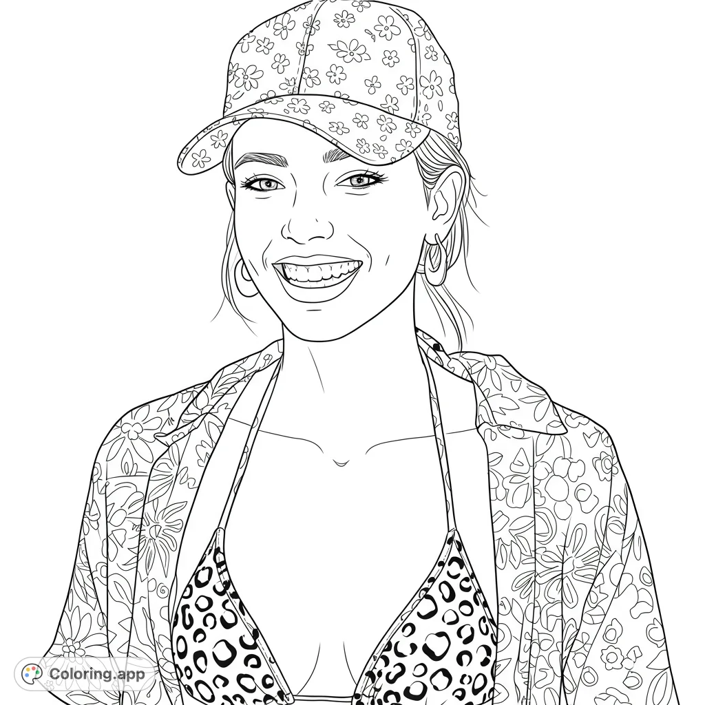 A cheerful woman in a floral cap and patterned shirt, ready for summer fun. This free printable coloring page offers vibrant fashion details.