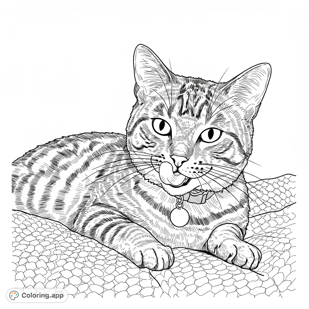 A charming tabby cat is depicted mid-lick, showcasing detailed fur patterns and a relaxed pose on a textured surface. Perfect for cat lovers!