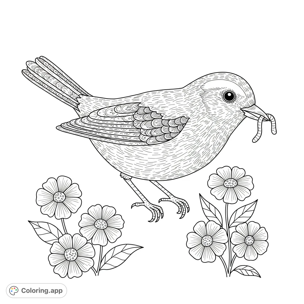 A charming bird holds a worm, surrounded by delicate spring flowers. A delightful nature scene for a free printable coloring page.