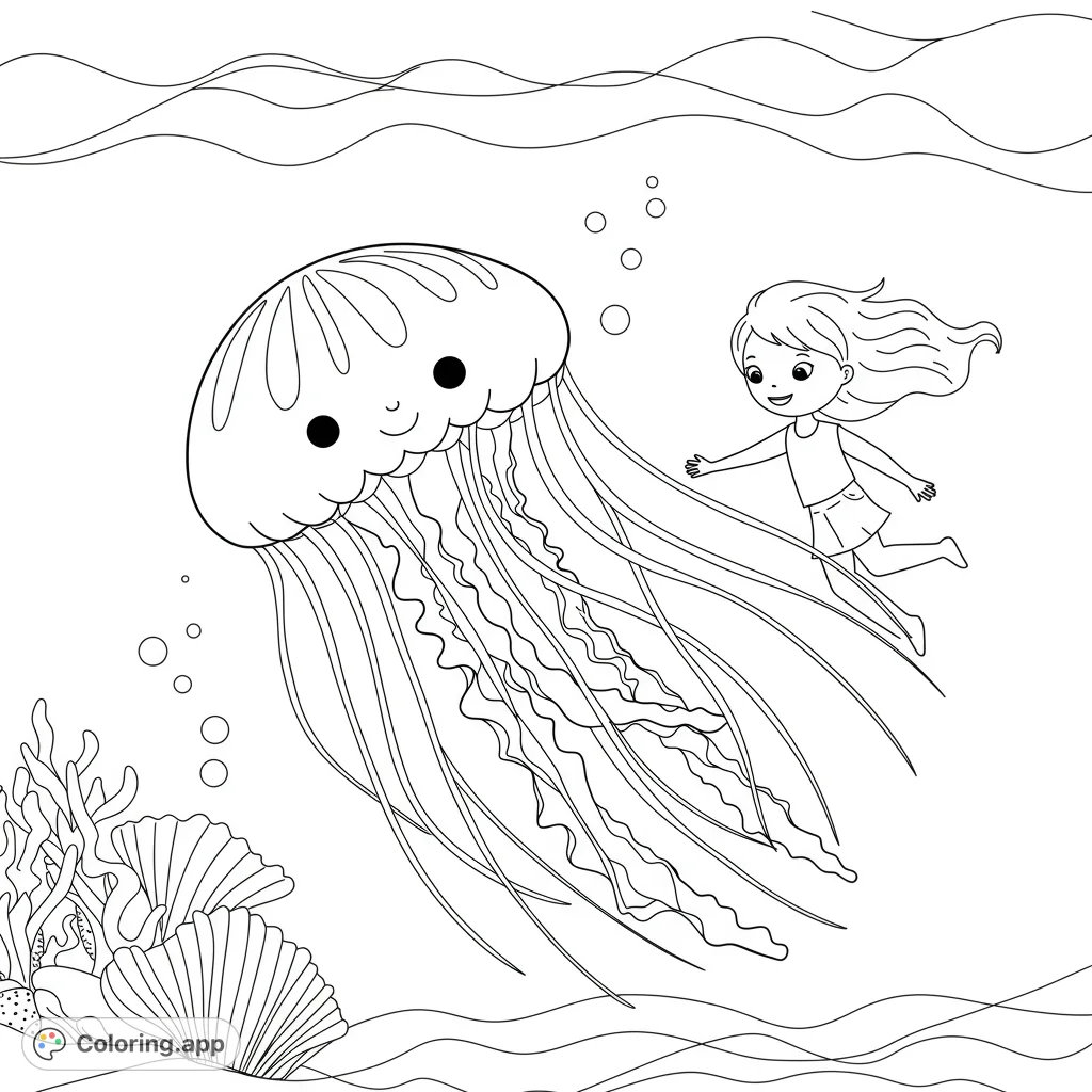 Dive into an enchanting underwater world! A friendly jellyfish and a girl swim among detailed shells and coral in this delightful ocean scene, perfect for coloring.