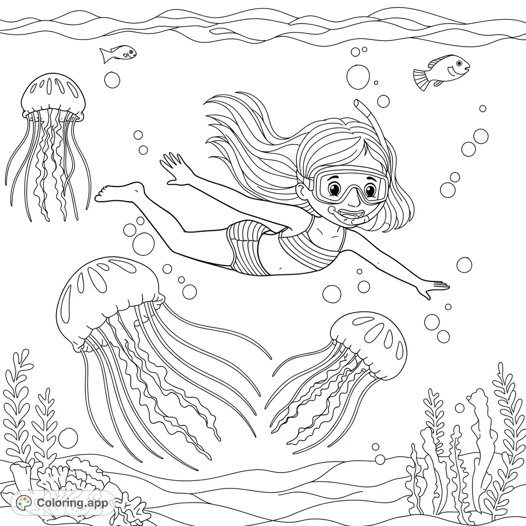 Dive into an exciting underwater snorkel adventure coloring page! A cheerful girl swims with graceful jellyfish and fish in a vibrant ocean scene.