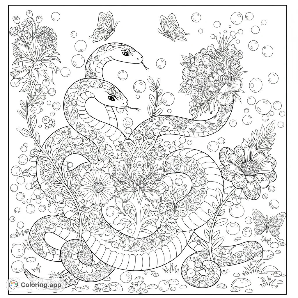 An intricate snake and floral garden coloring page featuring two patterned snakes, delicate flowers, and butterflies amidst scattered bubbles.