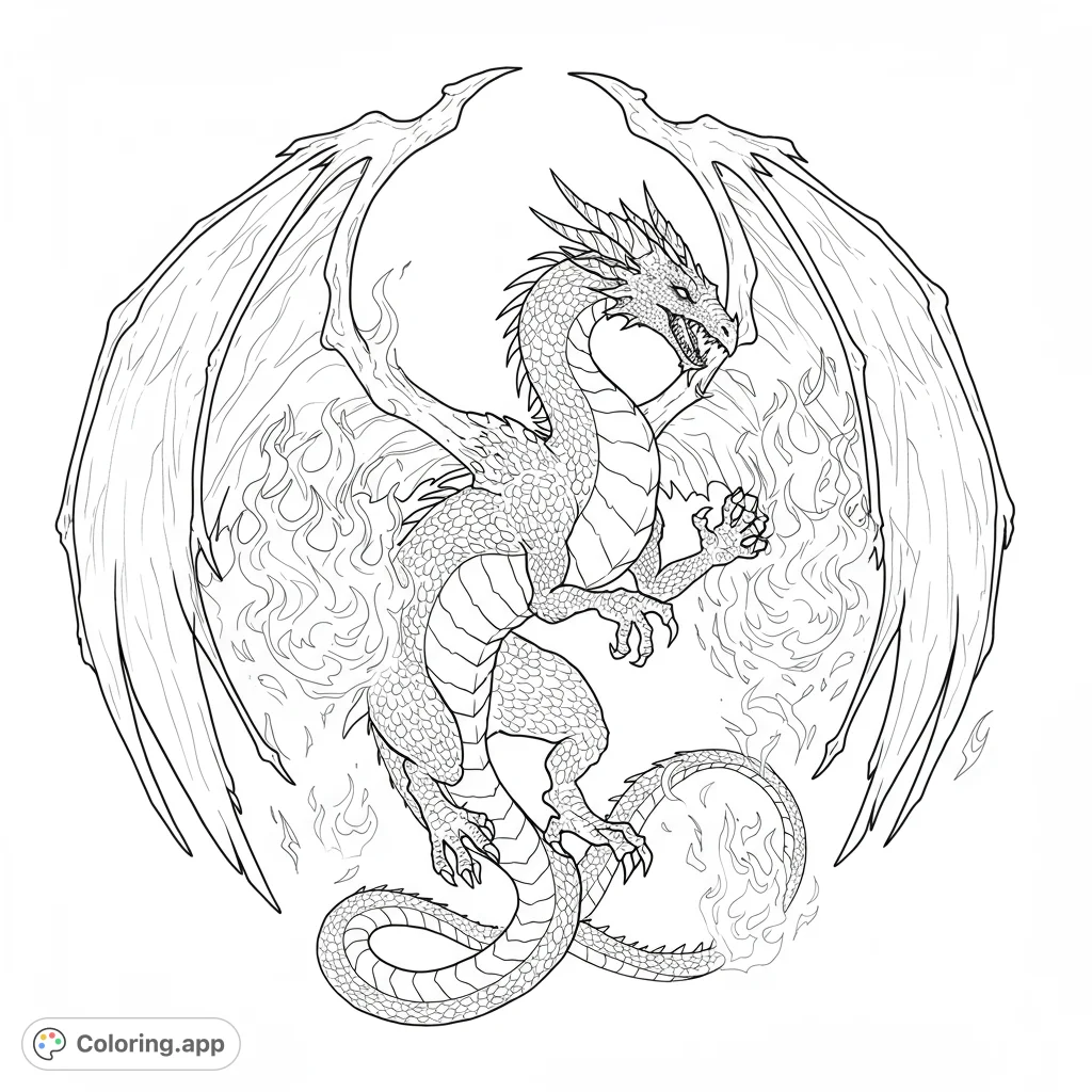 Unleash your creativity with this powerful dragon coloring page, featuring a majestic beast surrounded by dynamic flames. Perfect for fantasy fans!
