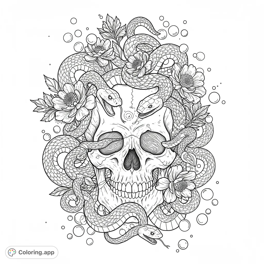 Intricate skull adorned with coiling snakes and blooming flowers. A detailed gothic-inspired design for a captivating coloring experience.