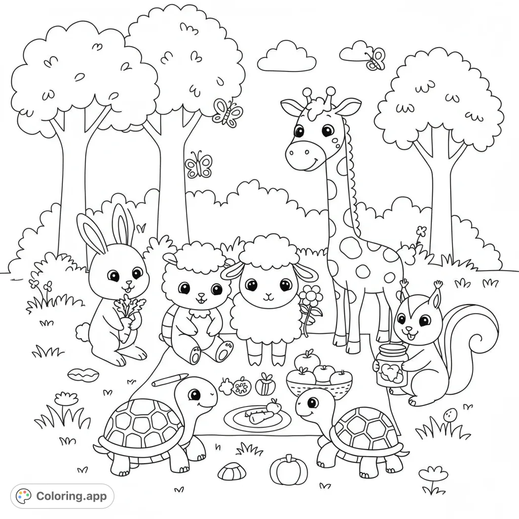 Adorable forest animals enjoy a delightful picnic under tall trees. A charming scene perfect for young colorists to bring to life.