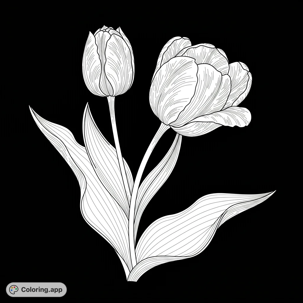 Discover a beautiful tulip coloring page featuring a fully bloomed flower and a delicate bud, perfect for nature lovers. A free printable coloring page for all ages.