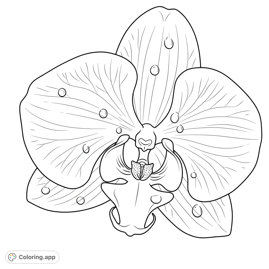 A beautiful orchid flower coloring page featuring delicate petals, intricate details, and glistening water droplets, perfect for nature lovers and floral enthusiasts.