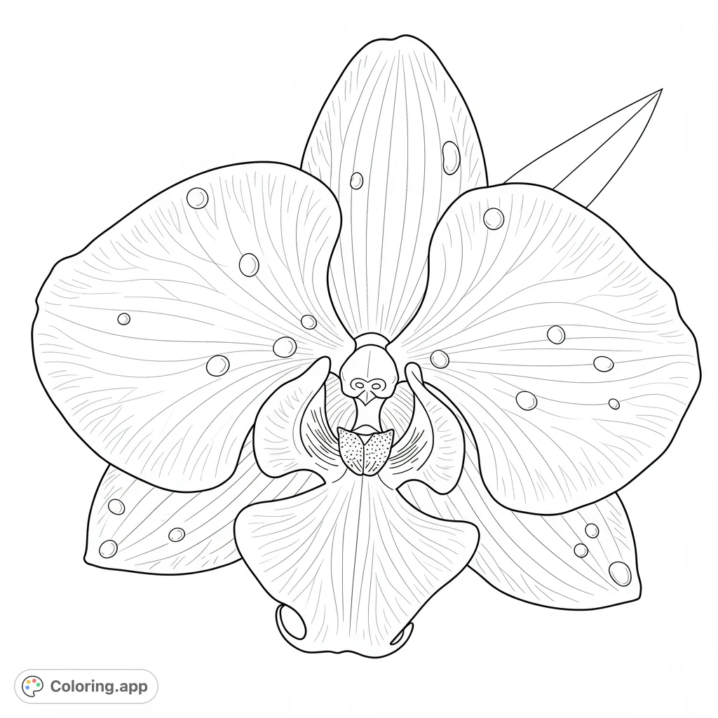 A beautiful orchid flower line drawing with delicate petals, intricate details, and sparkling water droplets. Perfect for a relaxing and elegant coloring experience.