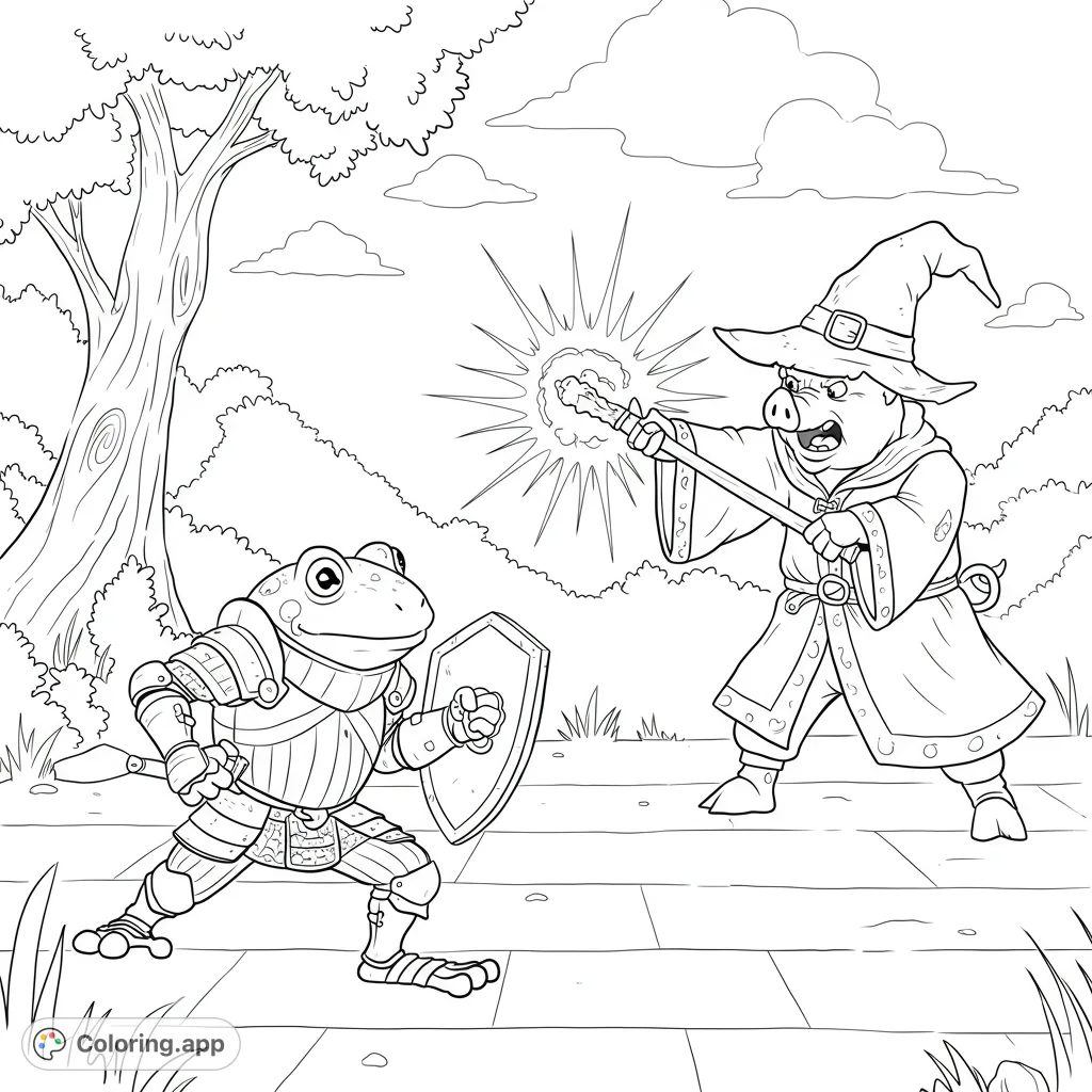 A thrilling fantasy duel unfolds between a valiant frog knight in armor and a powerful pig wizard casting a magical spell. A free printable fantasy coloring page.