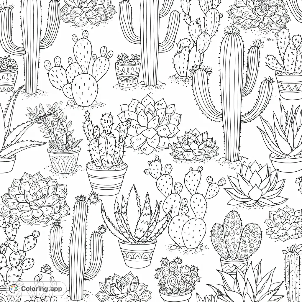 Explore a vibrant desert garden with this free printable cactus and succulent coloring page. Features various cacti, aloe, and rosette plants in decorative pots, perfect for all ages.