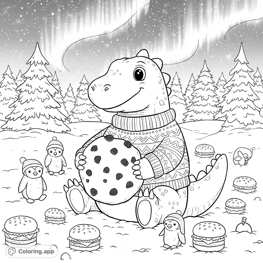 A cozy dinosaur in a sweater holds a cookie amidst penguins and burgers in a snowy Northern Lights scene. A delightful winter dinosaur coloring page!
