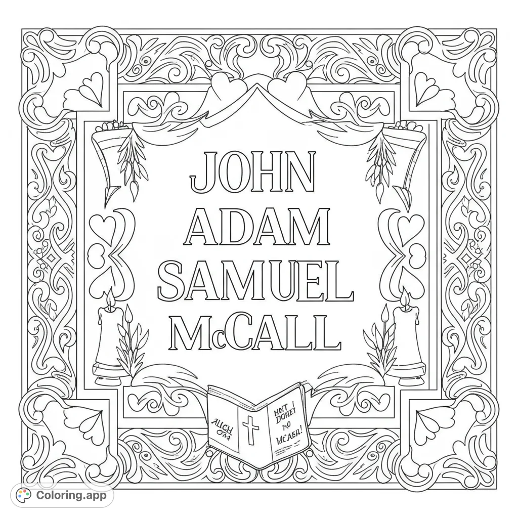 An elegant, ornate frame coloring page featuring intricate scrollwork, hearts, candles, and an open book, perfect for personalization.