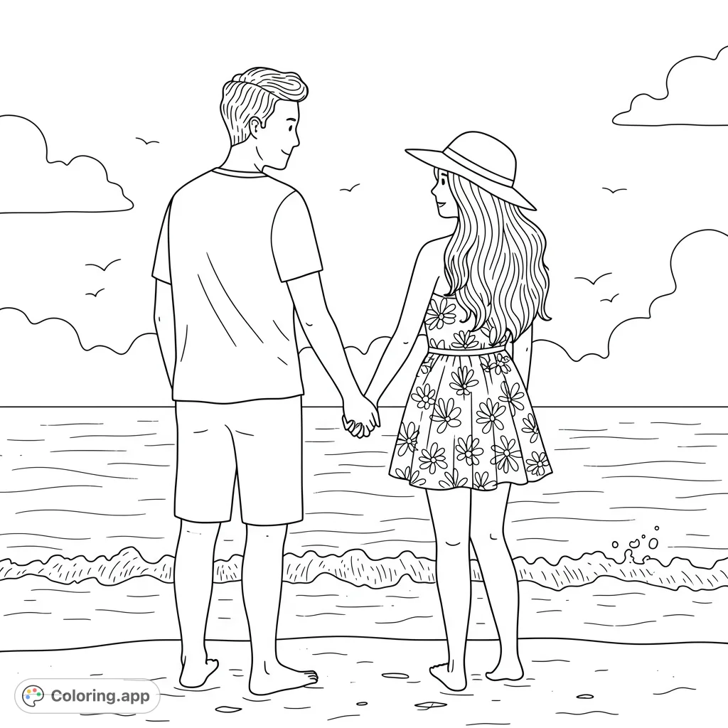 A romantic beach scene featuring a couple holding hands by the ocean. Perfect for a relaxing coloring experience, celebrating love and summer vibes.