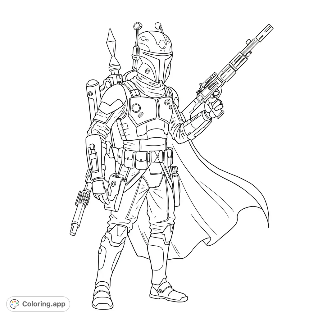 An iconic armored bounty hunter stands ready, rifle in hand, with intricate details perfect for a sci-fi warrior coloring page adventure.