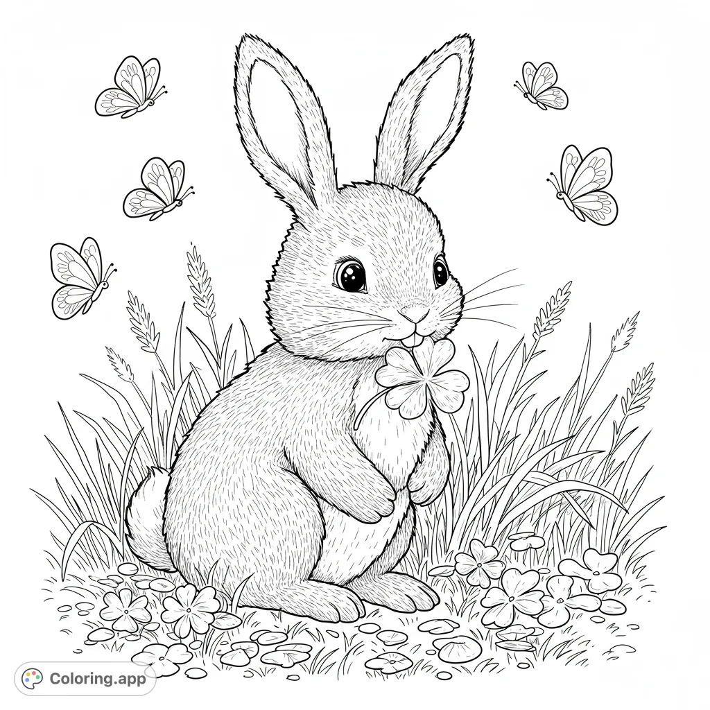 A charming rabbit holds a lucky clover amidst a field of grass and flowers, with playful butterflies fluttering around. A delightful nature scene.