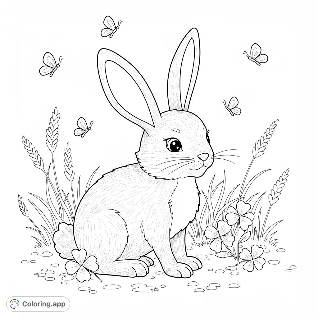 An adorable rabbit sits among clovers and grass, surrounded by playful butterflies. A charming nature scene for a free printable coloring page.