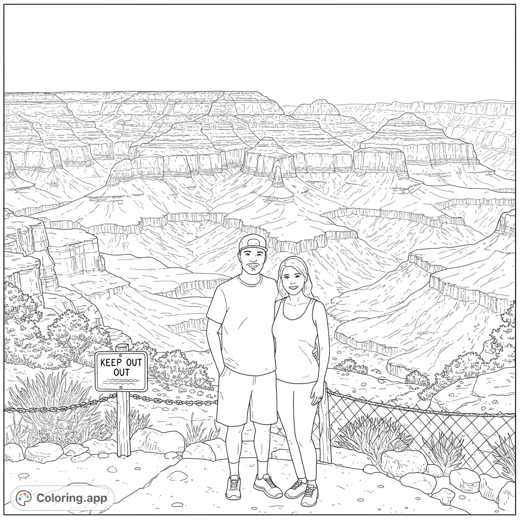 Explore the majestic Grand Canyon with a happy couple in this detailed free printable coloring page. Perfect for nature and travel enthusiasts.