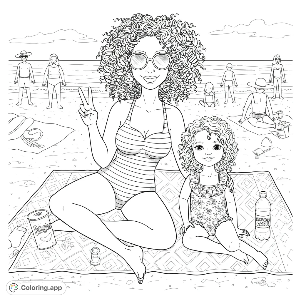 A heartwarming beach scene featuring a mother and daughter enjoying the sun and sand. Perfect for a relaxing summer coloring experience.