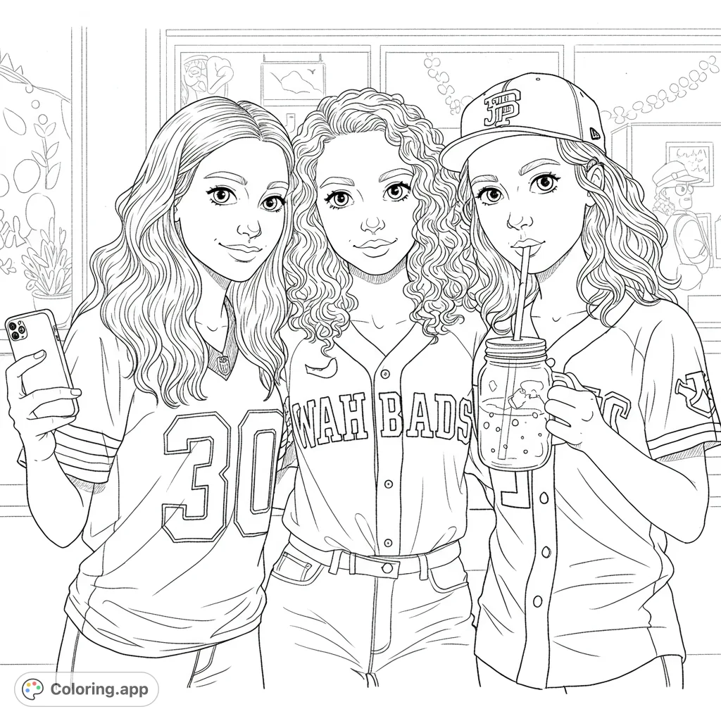 Capture friendship with this free printable coloring page featuring three stylish friends. Perfect for teens and adults, offering detailed hair and clothing.