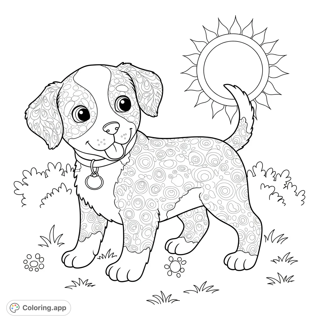 Adorable puppy with intricate patterns, standing in a sunny garden with bushes and flowers. A delightful free printable puppy coloring page.