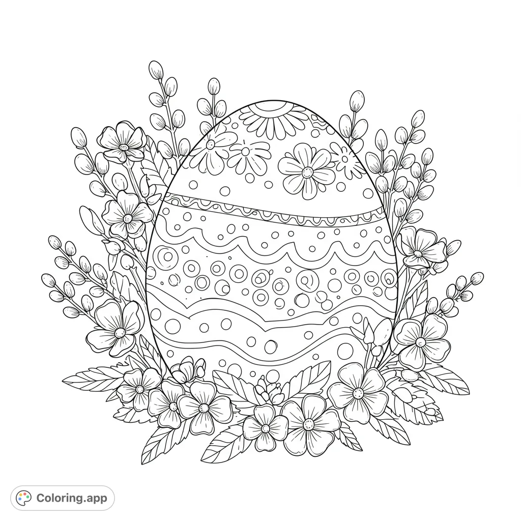 A beautifully decorated Easter egg surrounded by delicate spring flowers and pussy willow branches, perfect for a festive and relaxing coloring experience.