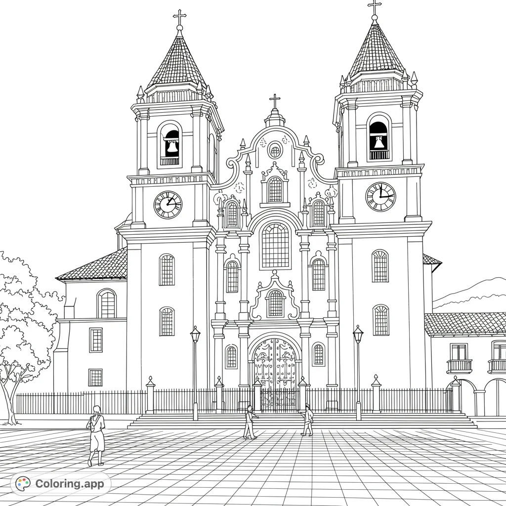 An intricate historic church coloring page featuring a grand Baroque facade, twin bell towers, and a detailed plaza. A free printable architectural landmark coloring page.