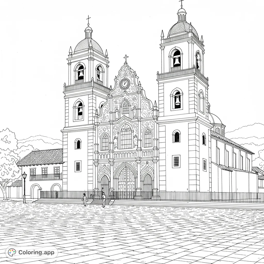 Detailed line art of a grand, ornate cathedral with twin bell towers, intricate facade, and a vast cobblestone plaza. A challenging architectural coloring page.